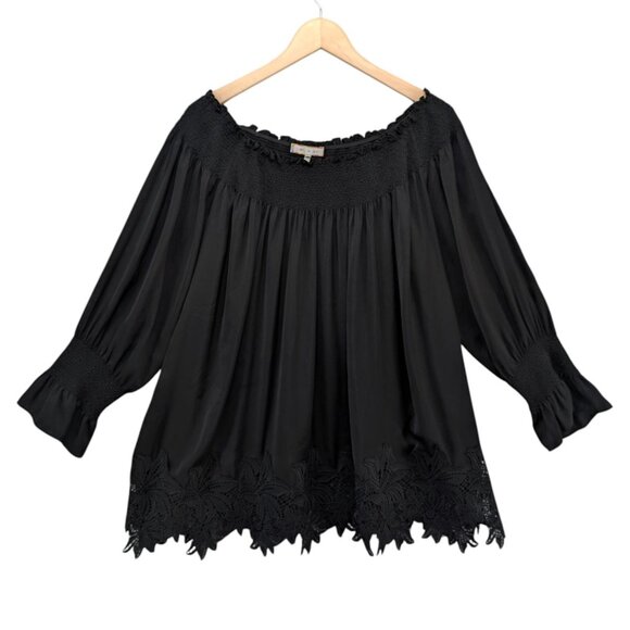 Eri Ali Vettora Off The Shoulder Blouse Womens Black Smocked Crochet Hem Size S - Picture 1 of 9